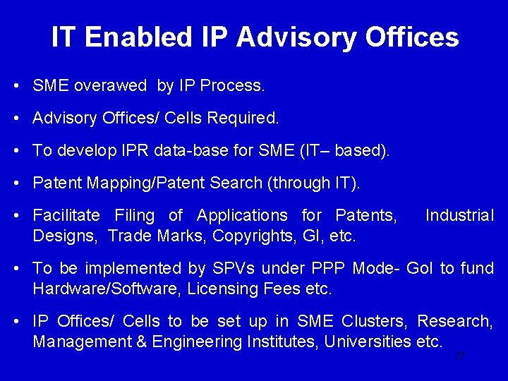 IT Enabled IP Advisory Offices • SME overawed by IP Process. • Advisory Offices/