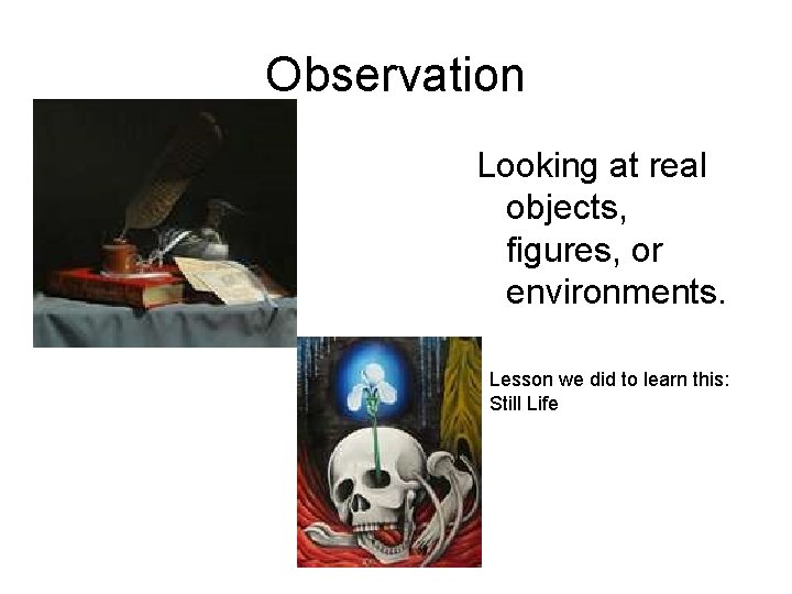 Observation Looking at real objects, figures, or environments. Lesson we did to learn this: