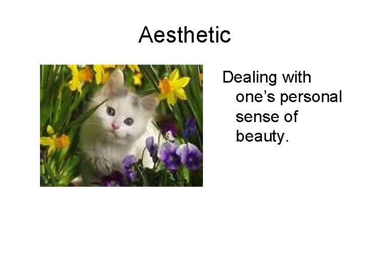 Aesthetic Dealing with one’s personal sense of beauty. 