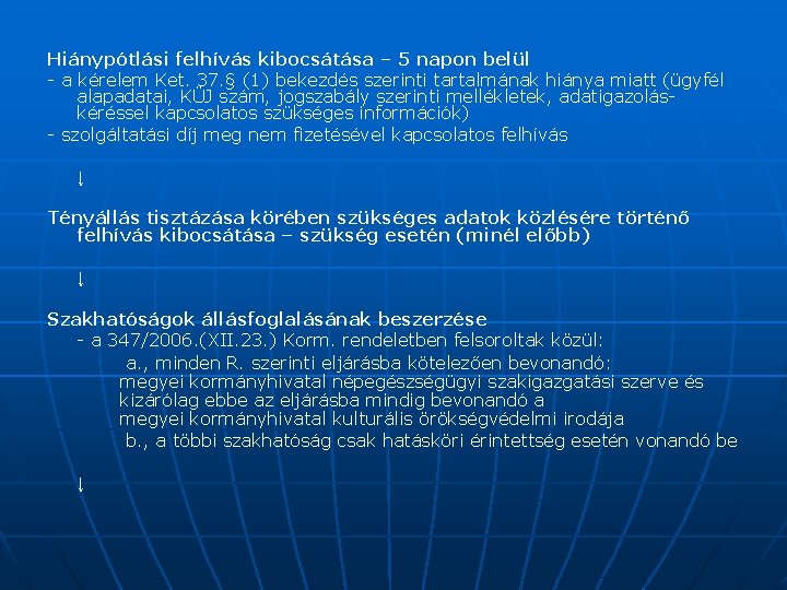 Hiánypótlási felhívás kibocsátása – 5 napon belül - a kérelem Ket. 37. § (1)