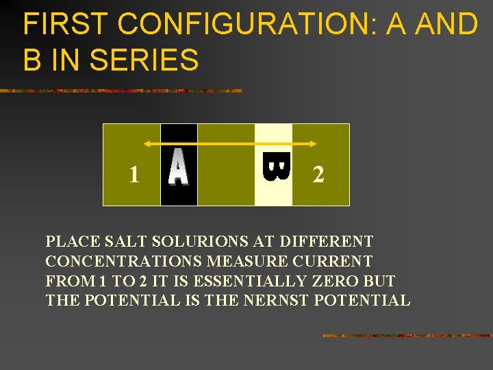 FIRST CONFIGURATION: A AND B IN SERIES 1 2 PLACE SALT SOLURIONS AT DIFFERENT