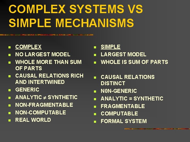 COMPLEX SYSTEMS VS SIMPLE MECHANISMS n n n n n COMPLEX NO LARGEST MODEL