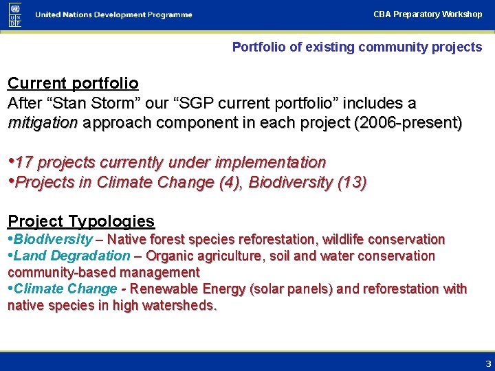 CBA Preparatory Workshop Portfolio of existing community projects Current portfolio After “Stan Storm” our