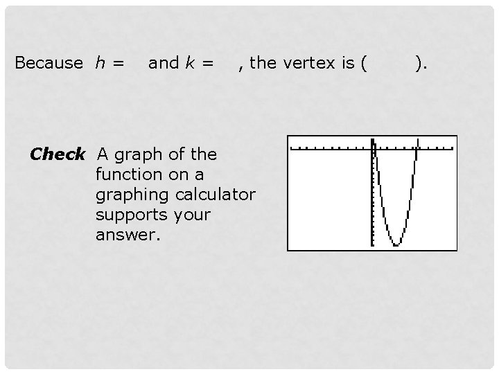 Because h = and k = , the vertex is ( Check A graph