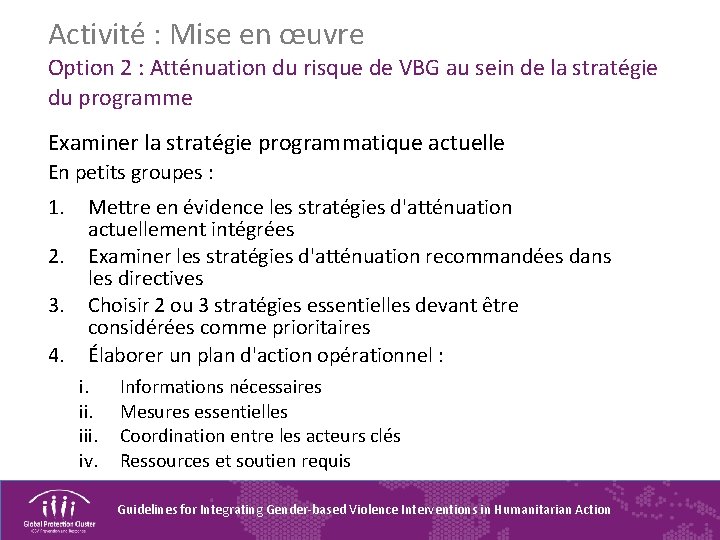 Activité : Mise en œuvre Option 2 : Atténuation du risque de VBG au