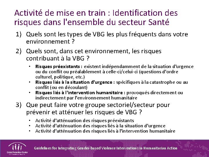 Activité de mise en train : Identification des risques dans l'ensemble du secteur Santé