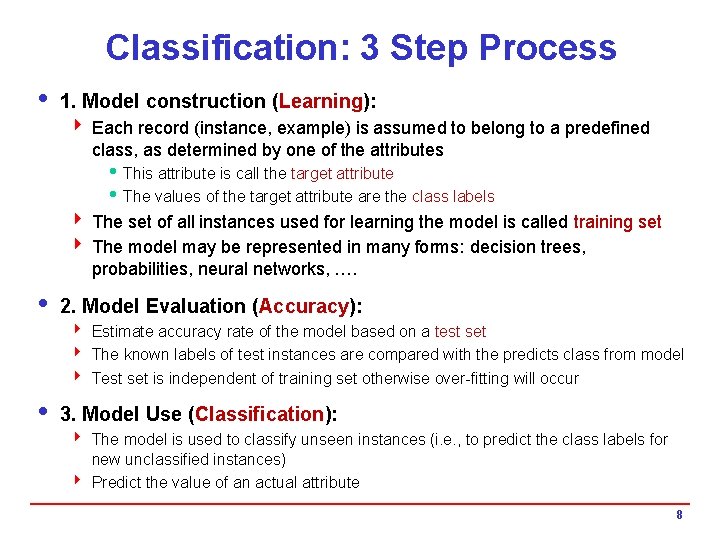 Classification: 3 Step Process i 1. Model construction (Learning): 4 Each record (instance, example)