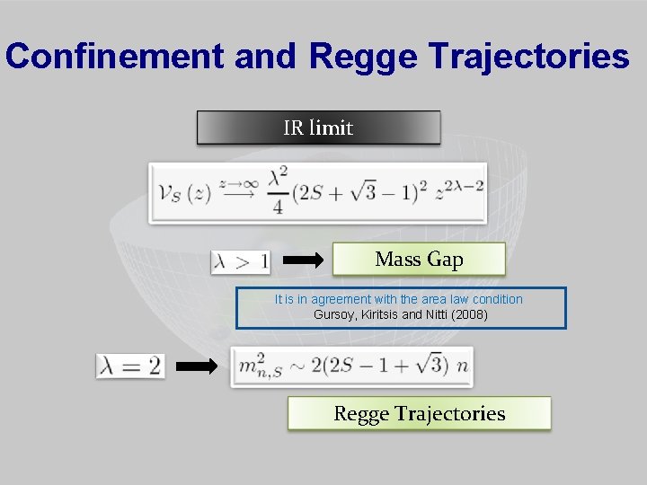 Confinement and Regge Trajectories IR limit Mass Gap It is in agreement with the