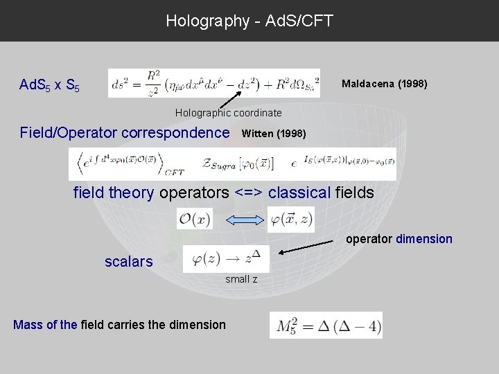 Holography - Ad. S/CFT Ad. S 5 x S 5 Maldacena (1998) Holographic coordinate