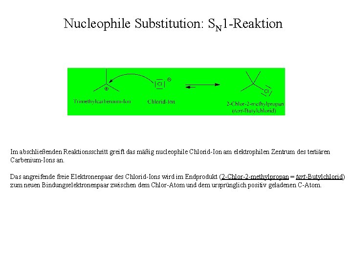 Nucleophile Substitution: SN 1 -Reaktion Im abschließenden Reaktionsschritt greift das mäßig nucleophile Chlorid-Ion am