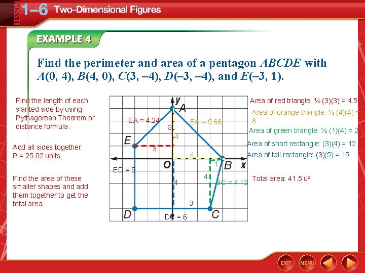 Find the perimeter and area of a pentagon ABCDE with A(0, 4), B(4, 0),
