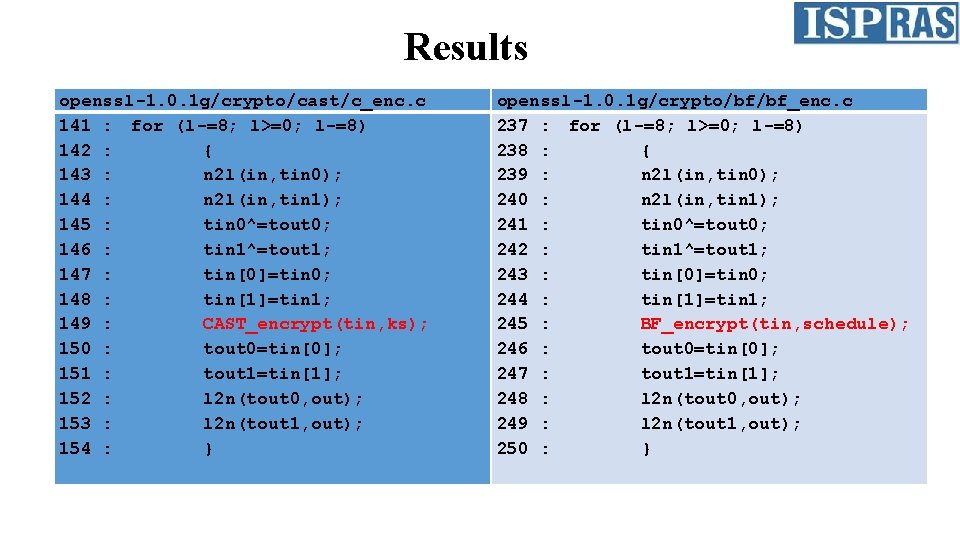 Results openssl-1. 0. 1 g/crypto/cast/c_enc. c 141 : for (l-=8; l>=0; l-=8) 142 :