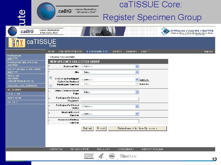 National Cancer Institute ca. TISSUE Core: Register Specimen Group 13 