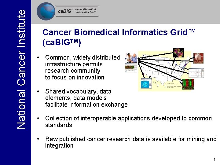 National Cancer Institute Cancer Biomedical Informatics Grid™ (ca. BIGTM) • Common, widely distributed infrastructure National Cancer Institute Cancer Biomedical Informatics Grid™ (ca. BIGTM) • Common, widely distributed infrastructure