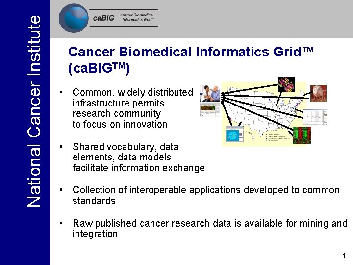 National Cancer Institute Cancer Biomedical Informatics Grid™ (ca. BIGTM) • Common, widely distributed infrastructure