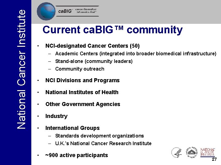 National Cancer Institute Current ca. BIG™ community • NCI-designated Cancer Centers (50) – Academic