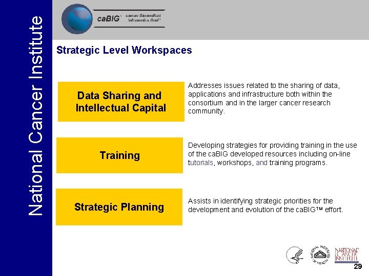 National Cancer Institute Strategic Level Workspaces Data Sharing and Intellectual Capital Training Strategic Planning National Cancer Institute Strategic Level Workspaces Data Sharing and Intellectual Capital Training Strategic Planning