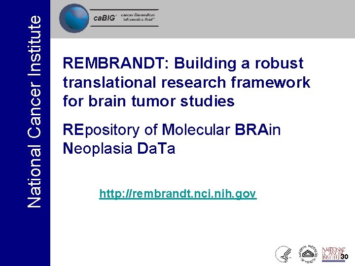 National Cancer Institute REMBRANDT: Building a robust translational research framework for brain tumor studies National Cancer Institute REMBRANDT: Building a robust translational research framework for brain tumor studies