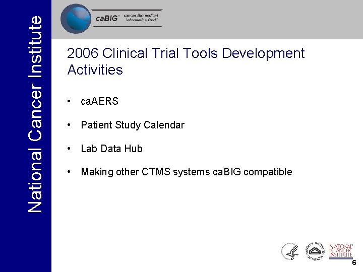 National Cancer Institute 2006 Clinical Trial Tools Development Activities • ca. AERS • Patient National Cancer Institute 2006 Clinical Trial Tools Development Activities • ca. AERS • Patient