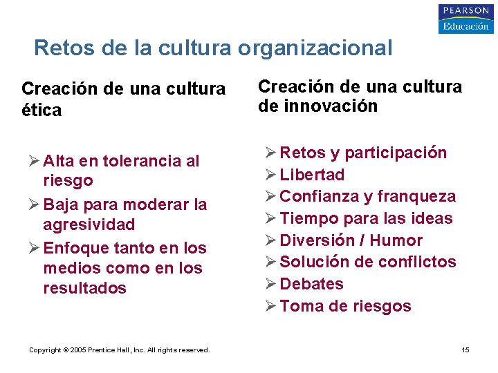 Retos de la cultura organizacional • Creación de una cultura ética Ø Alta en
