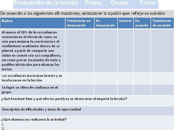 Evaluación de la sesión Prepa: Grupo: Turno: De acuerdo a las siguientes afirmaciones, seleccione