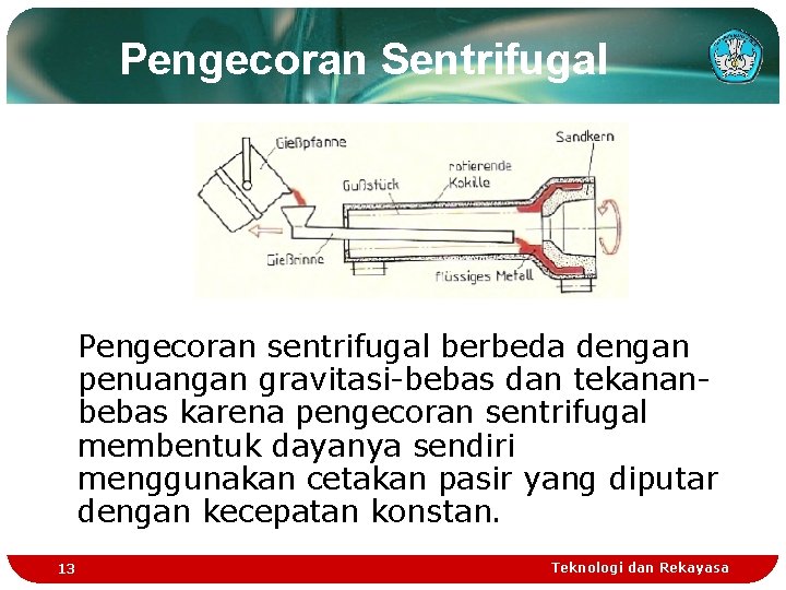 Pengecoran Sentrifugal Pengecoran sentrifugal berbeda dengan penuangan gravitasi-bebas dan tekananbebas karena pengecoran sentrifugal membentuk