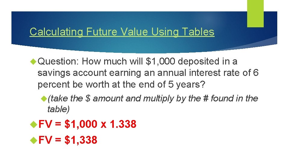 Calculating Future Value Using Tables Question: How much will $1, 000 deposited in a