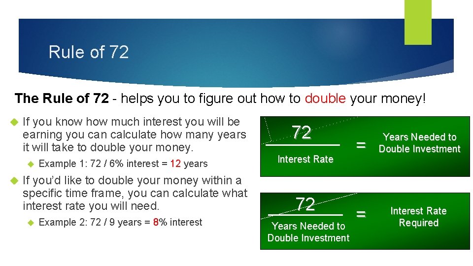 Rule of 72 The Rule of 72 - helps you to figure out how