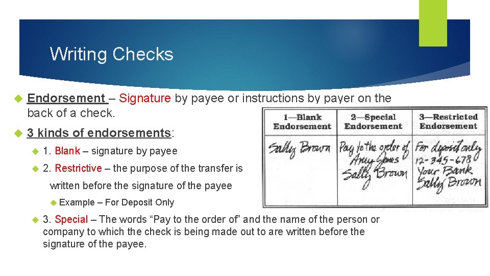 Writing Checks Endorsement – Signature by payee or instructions by payer on the back