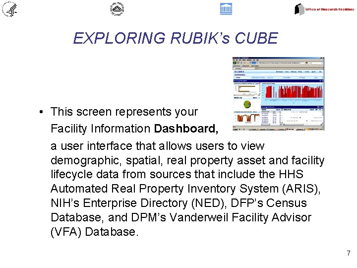 EXPLORING RUBIK’s CUBE • This screen represents your Facility Information Dashboard, a user interface