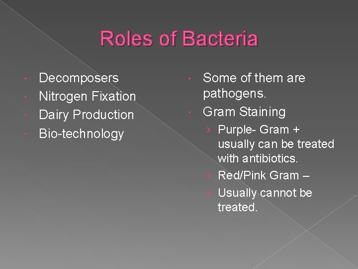 Roles of Bacteria Decomposers Nitrogen Fixation Dairy Production Bio-technology Some of them are pathogens.