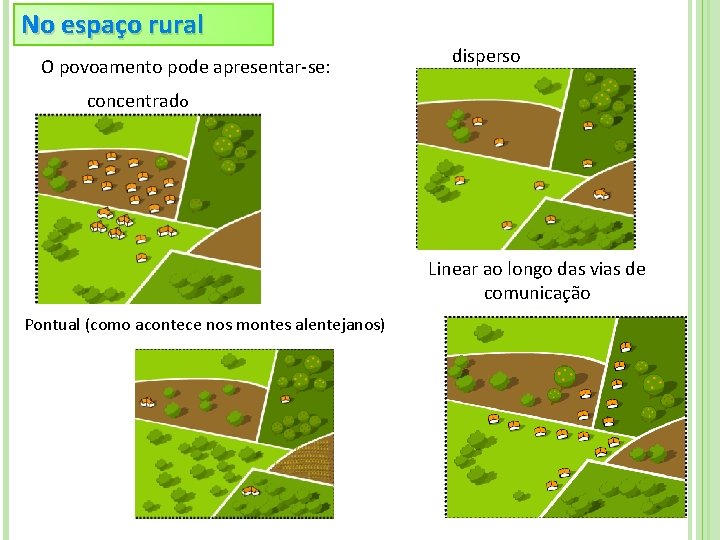 No espaço rural O povoamento pode apresentar-se: disperso concentrado Linear ao longo das vias