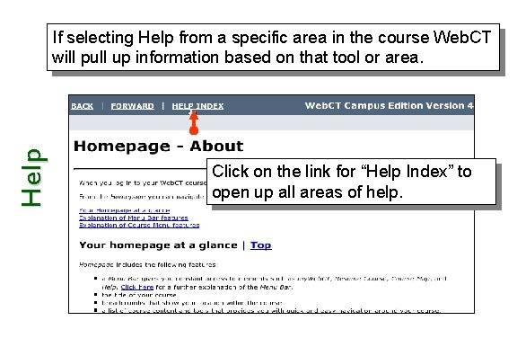 Help If selecting Help from a specific area in the course Web. CT will