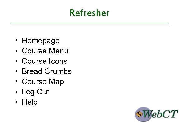 Refresher • • Homepage Course Menu Course Icons Bread Crumbs Course Map Log Out
