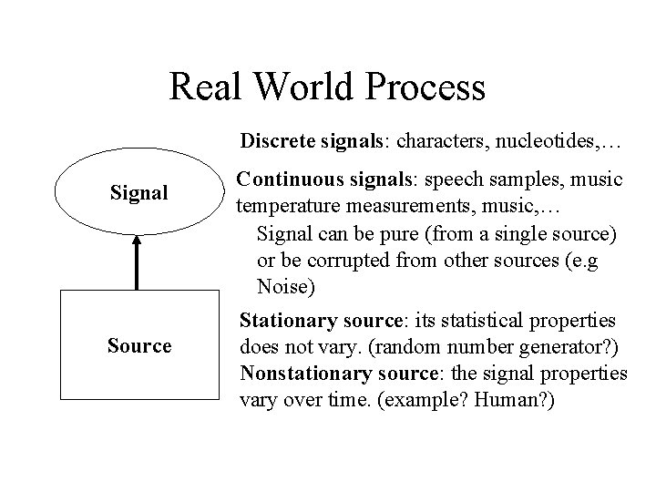 Real World Process Discrete signals: characters, nucleotides, … Signal Source Continuous signals: speech samples,