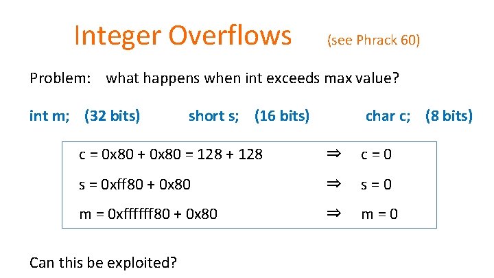 Integer Overflows (see Phrack 60) Problem: what happens when int exceeds max value? int