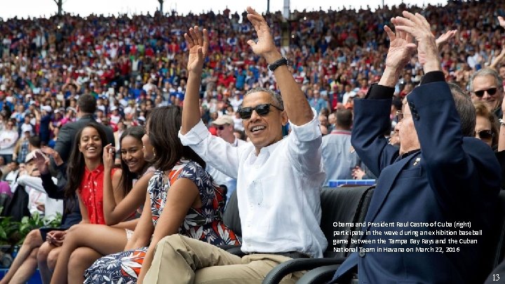 Obama and President Raul Castro of Cuba (right) participate in the wave during an