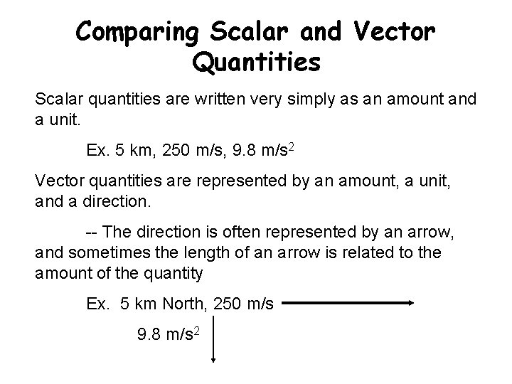 Comparing Scalar and Vector Quantities Scalar quantities are written very simply as an amount