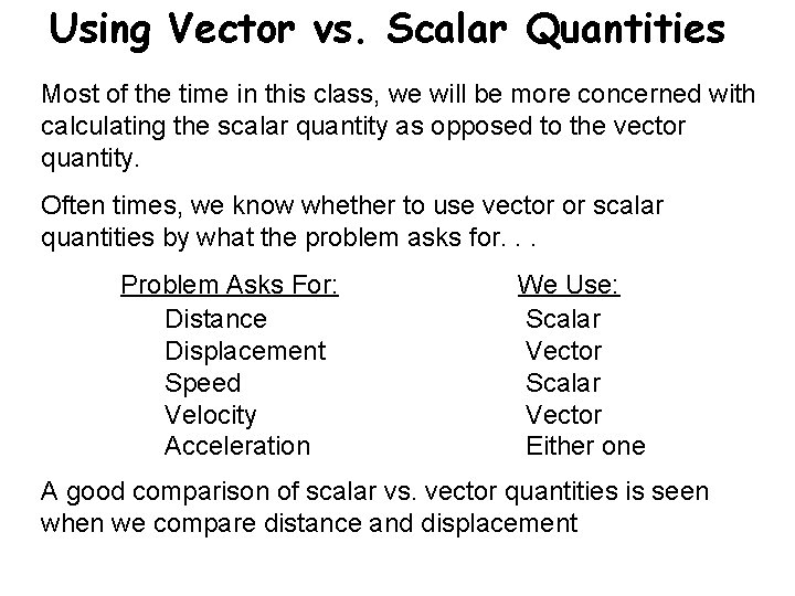 Using Vector vs. Scalar Quantities Most of the time in this class, we will