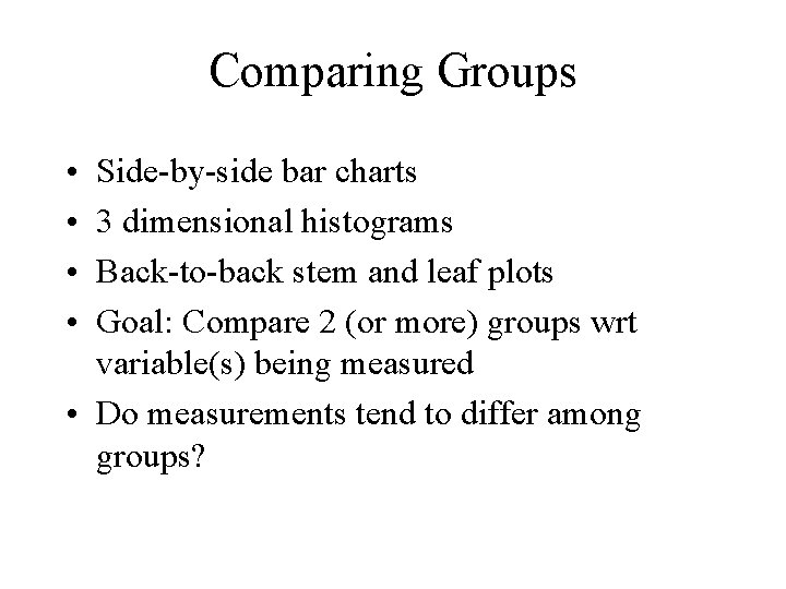 Comparing Groups • • Side-by-side bar charts 3 dimensional histograms Back-to-back stem and leaf