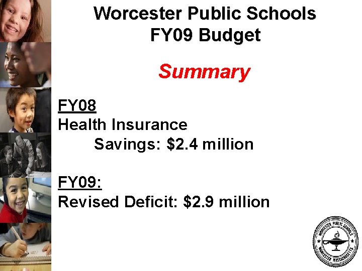Worcester Public Schools FY 09 Budget Summary FY 08 Health Insurance Savings: $2. 4