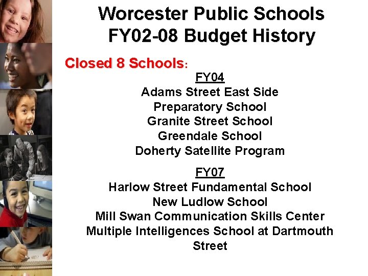 Worcester Public Schools FY 02 -08 Budget History Closed 8 Schools: FY 04 Adams