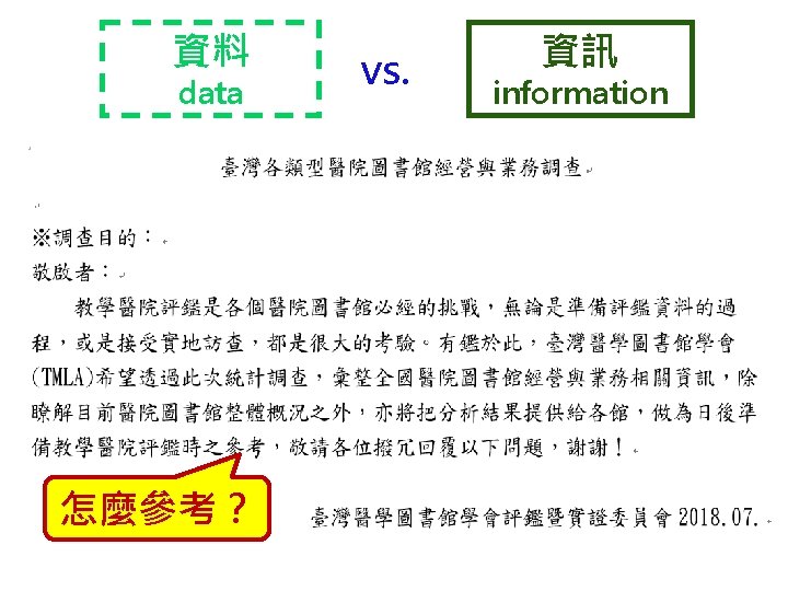 資料 data 怎麼參考？ vs. 資訊 information 22 