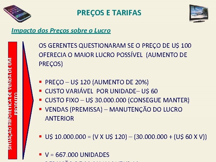 PREÇOS E TARIFAS SITUAÇÃO HIPOTÉTICA DE VENDA DE UM PRODUTO Impacto dos Preços sobre