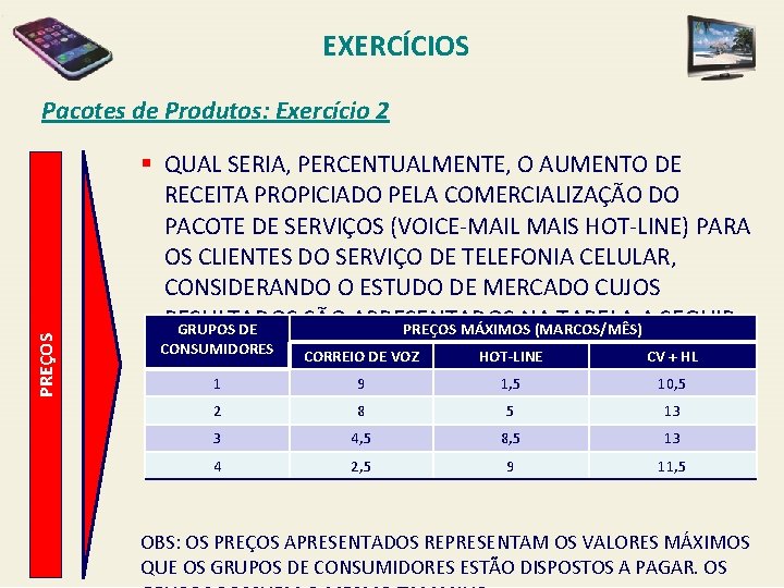 EXERCÍCIOS PREÇOS Pacotes de Produtos: Exercício 2 § QUAL SERIA, PERCENTUALMENTE, O AUMENTO DE