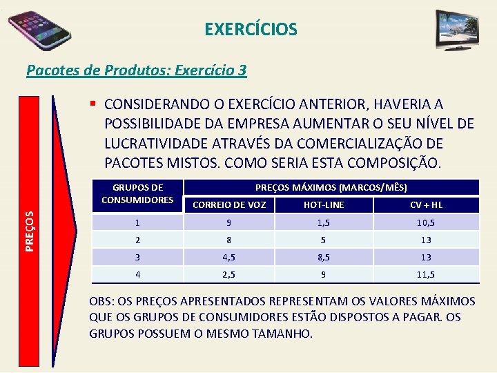 EXERCÍCIOS Pacotes de Produtos: Exercício 3 PREÇOS § CONSIDERANDO O EXERCÍCIO ANTERIOR, HAVERIA A