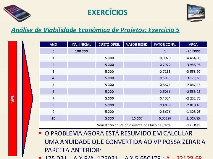 EXERCÍCIOS VPL Análise de Viabilidade Econômica de Projetos: Exercício 5 ANO INV. INICIAL 0