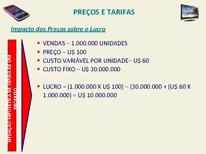 PREÇOS E TARIFAS SITUAÇÃO HIPOTÉTICA DE VENDA DE UM PRODUTO Impacto dos Preços sobre