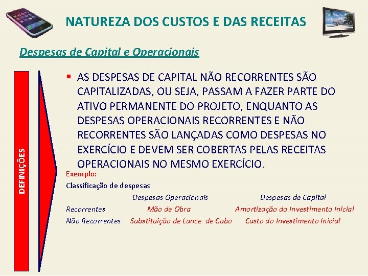 NATUREZA DOS CUSTOS E DAS RECEITAS DEFINIÇÕES Despesas de Capital e Operacionais § AS