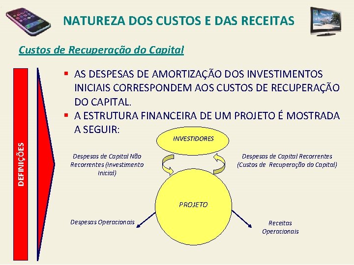 NATUREZA DOS CUSTOS E DAS RECEITAS Custos de Recuperação do Capital DEFINIÇÕES § AS